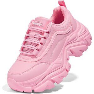 Women's Pink  Chunky Rubber Platform Casual Lace-Up Walking Sneaker Shoes